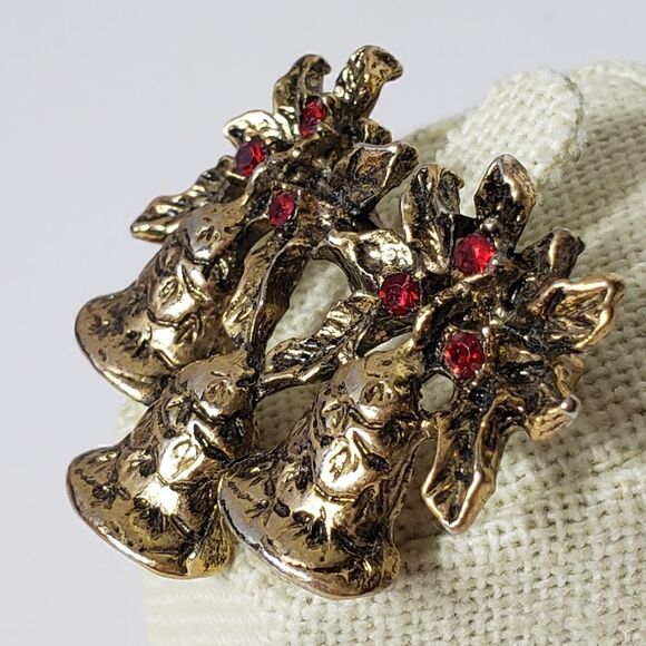 Vintage Christmas Holiday Bells Embellished Pin Brooch - Picture 2 of 5
